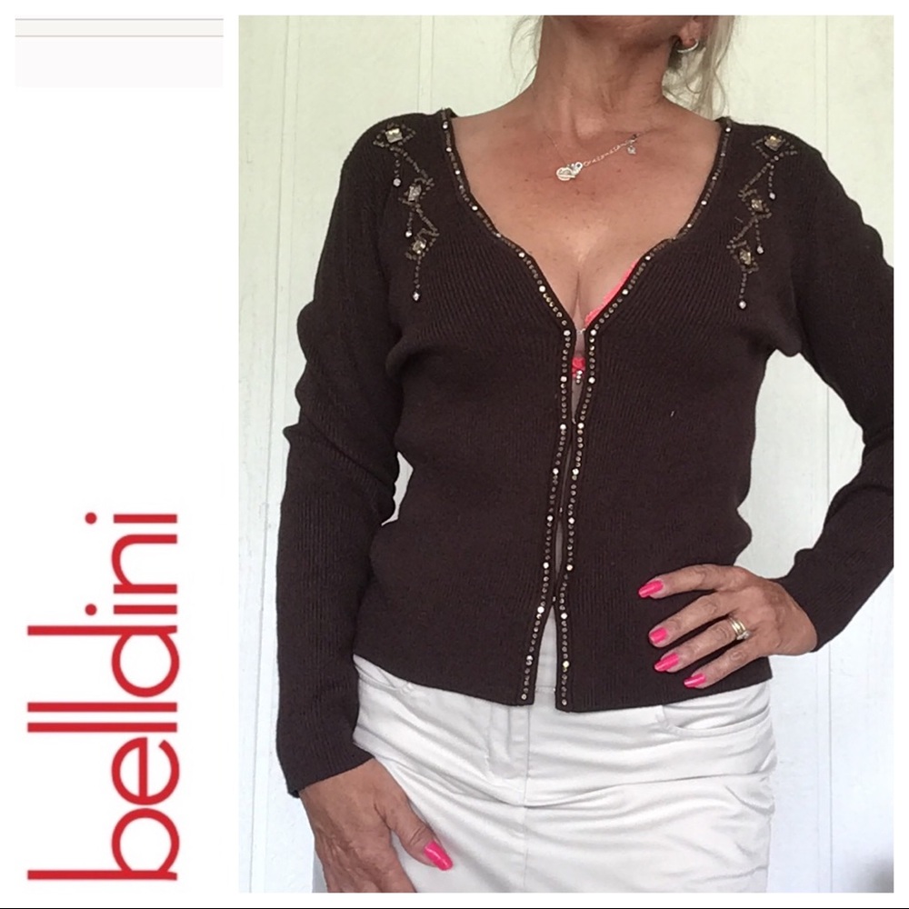 BELLDINI BROWN JEWELED RIB KNIT CARDIGAN LARGE